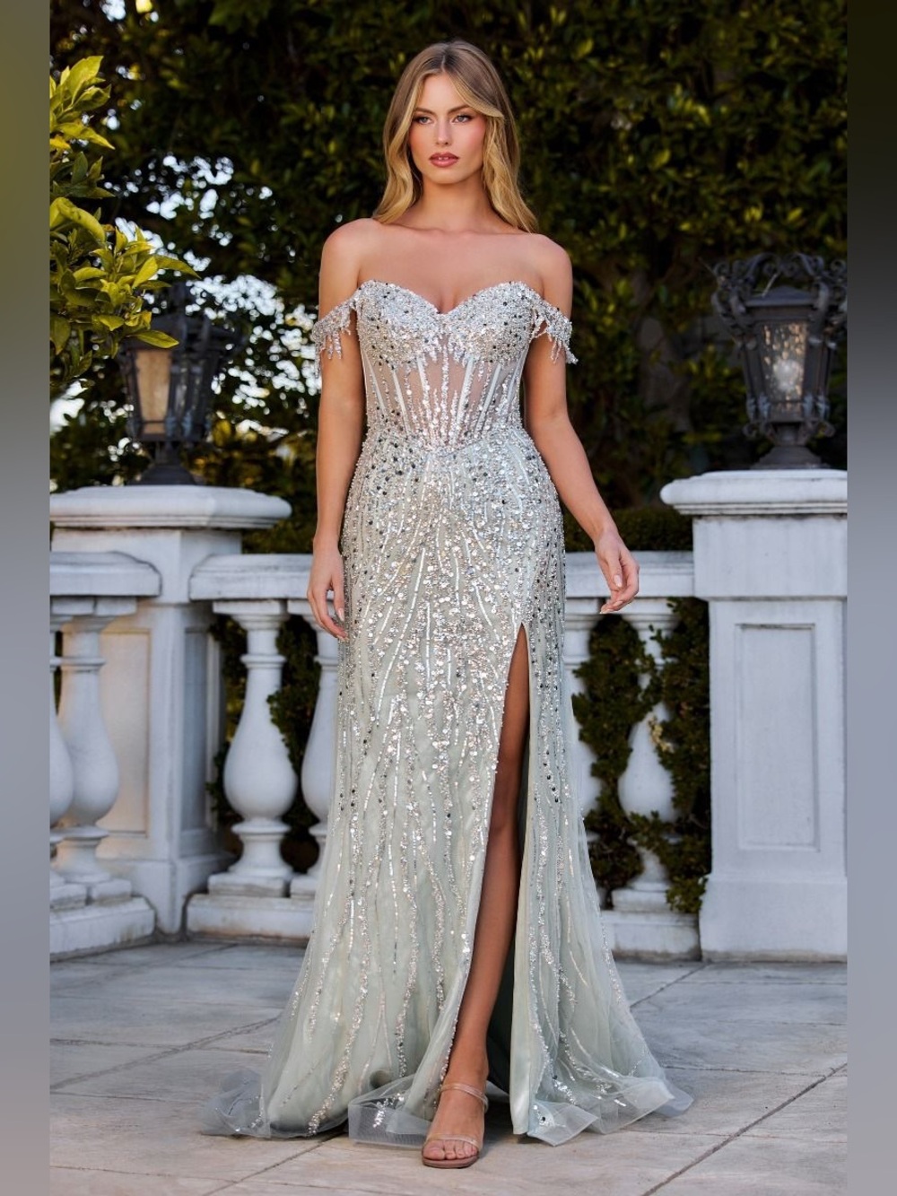 Off-Shoulder Silver Sequin Evening Gown with Side Slit